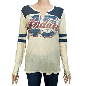 Indian Motorcycle Lucky Brand Womens Logo Tshirt Small Split Neck Boho Retro